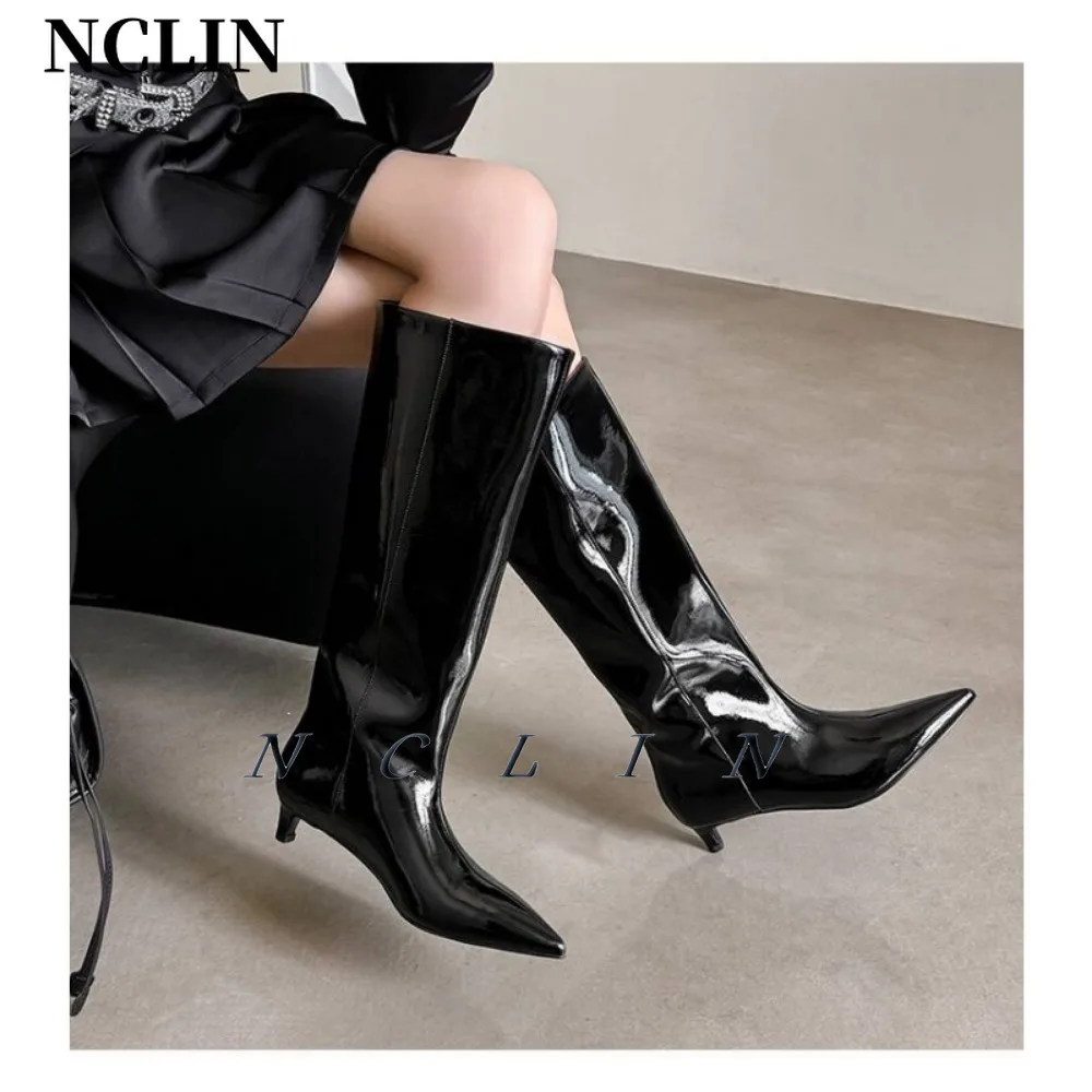 NCLIN-Botas hasta la rodilla para mujer, zapatos de tacón alto fino sin cordones, sexys, puntiagudos, para fiesta y boda, color negro, 2024