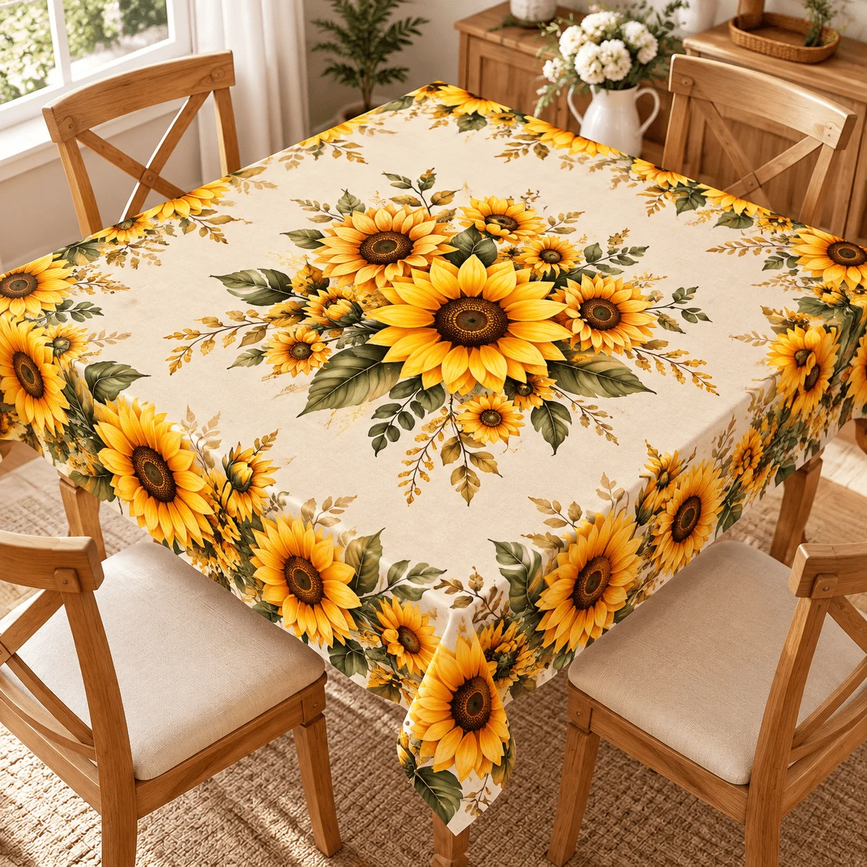 1 square tablecloth, sunflower printed polyester tablecloth, fresh pastoral style, bright and eye-catching and versatile
