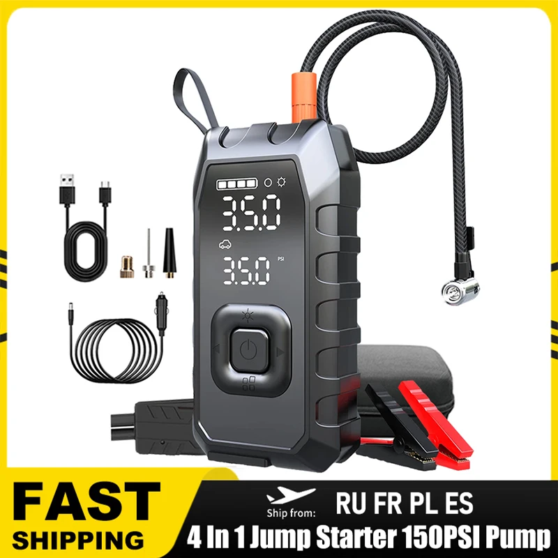 4 In 1 Car Jump Starter 150PSI Dual-cylinder Air Pump Air Compressor Power Bank 1500A Starting Device Digital Tire Inflator