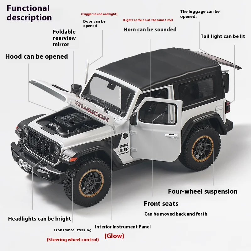 Jeep wrangler合金モデルの車のおもちゃ、音と光の効果、1:18スケール、子供とコレクターに最適なギフト