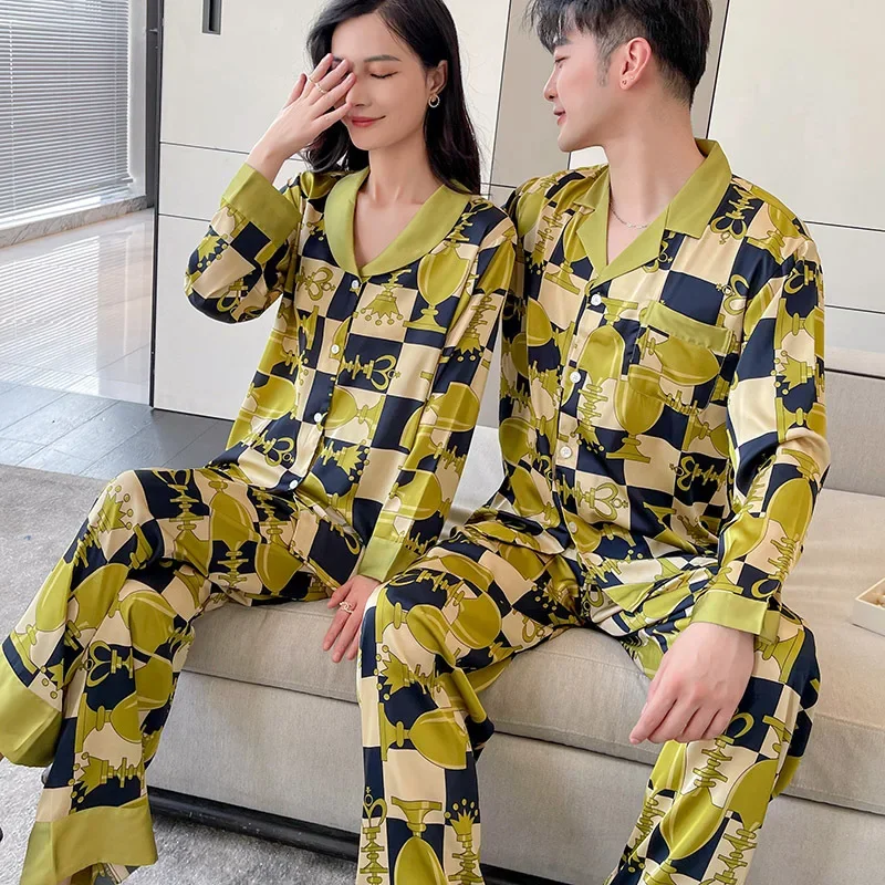

Весенне-осенняя ночная рубашка для пар с длинными рукавами, женские атласные пижамы, мужская свободная повседневная домашняя одежда, сексуальная одежда для сна с лацканами
