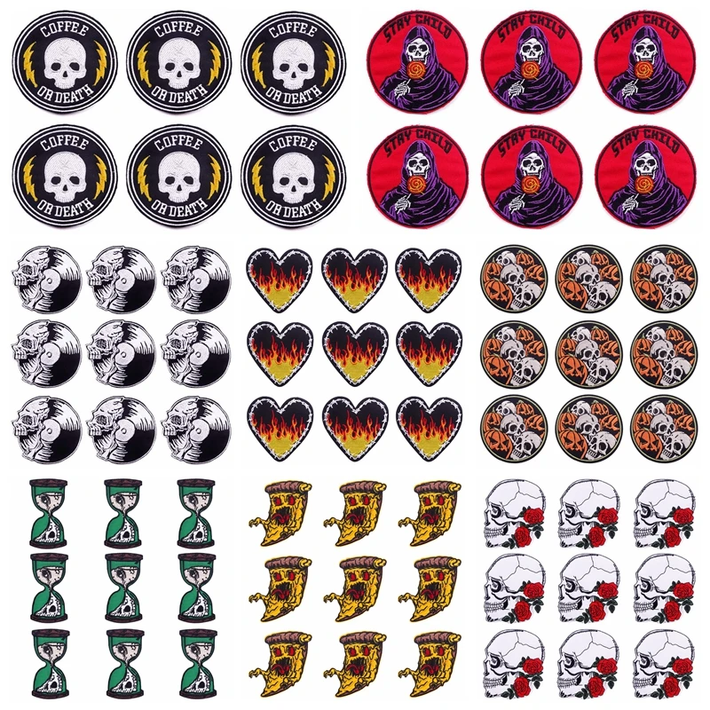 Pulaqi 10 PCS Wholesale Punk Skull Embroidered Patches For Clothing Stickers Heart Flame Patch iron On Patches On Clothes Badges