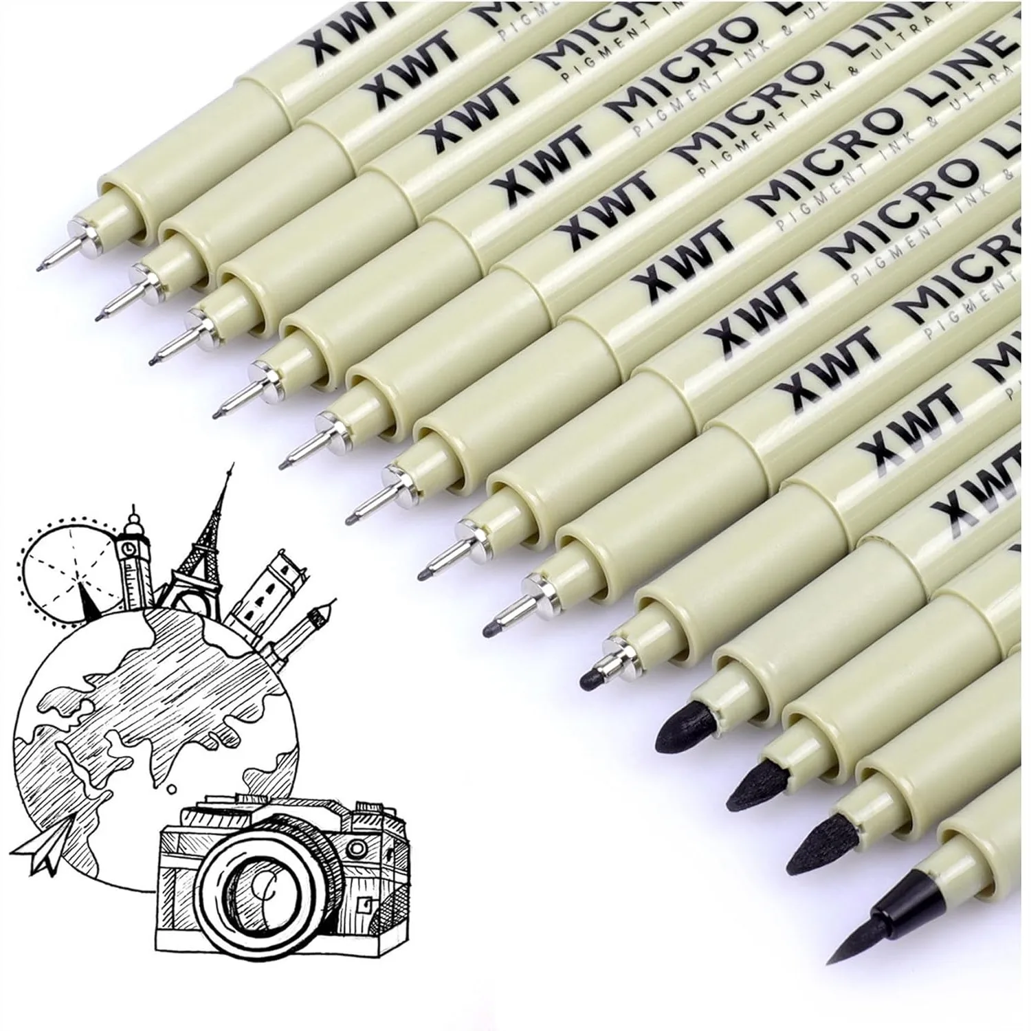 

13 Fine Liner Pens Set, Black Pigment Ink for Drawing Sketching Manga Watercolor Calligraphy with Brush Marker