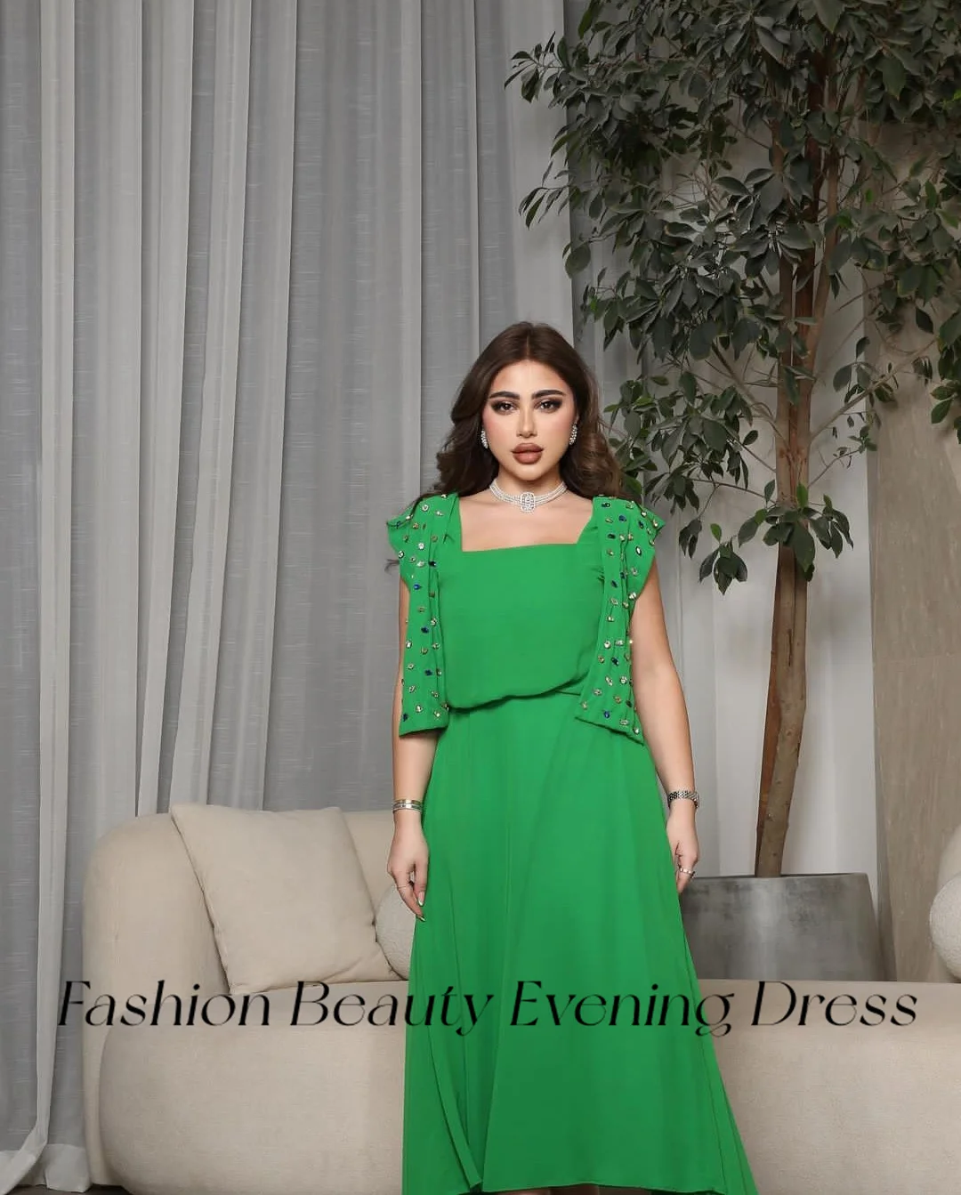 Fashion Beauty Green Evening Dresses Square Neck Sleeveless Colourful Beads Formal Party Dress For Women 2024 vestidos de noche