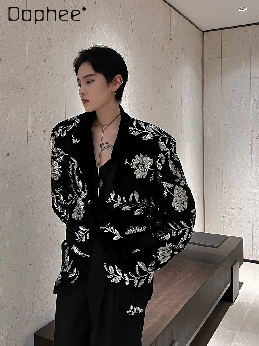 Street Personality Glitter Sequins Velvet Blazer Fashion Long Sleeve Heavy Industry Vintage Print Cross Neck Oversized Blazers