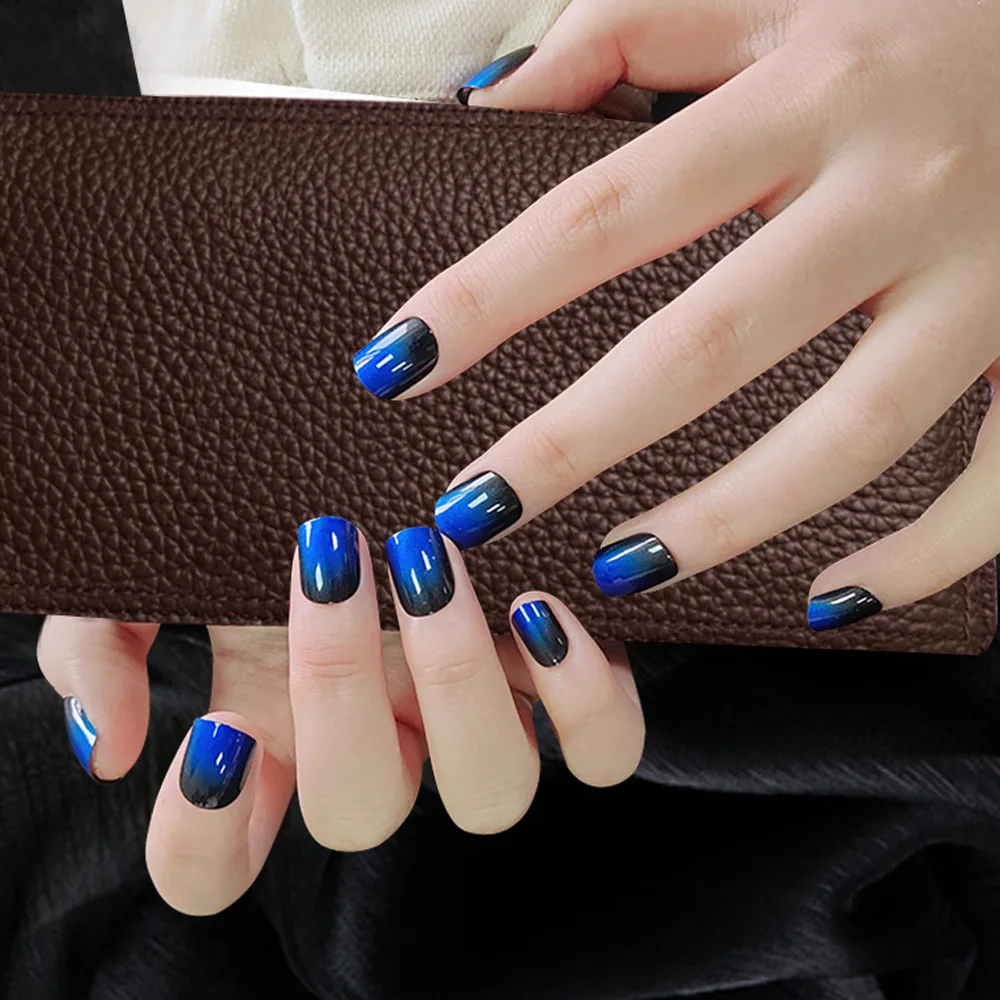 

24pcs Deep Navy Blue Dreamy Gradient Press-On Nails, Short Coffin Shape, Assorted Sizes Fake Nail For Women Girl
