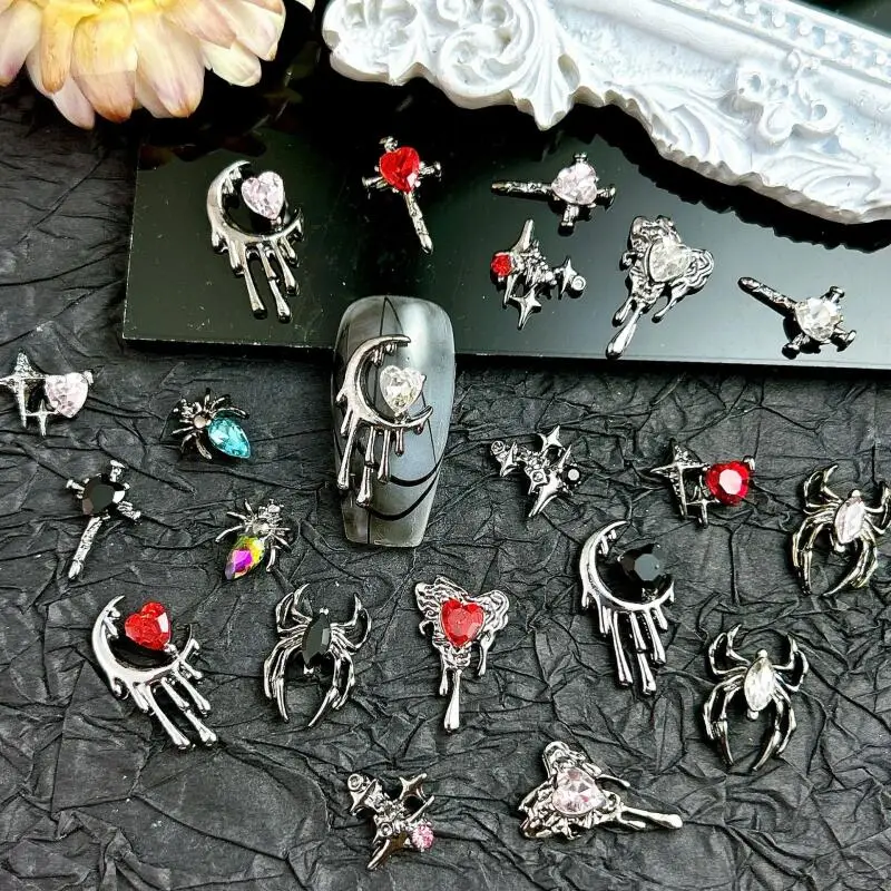 10PCS 3D Light Luxury Alloy Cross Heart Nail Charms with Shinny Glass Rhinestones Dark style Nail Art Decoration DIY Nail Crafts