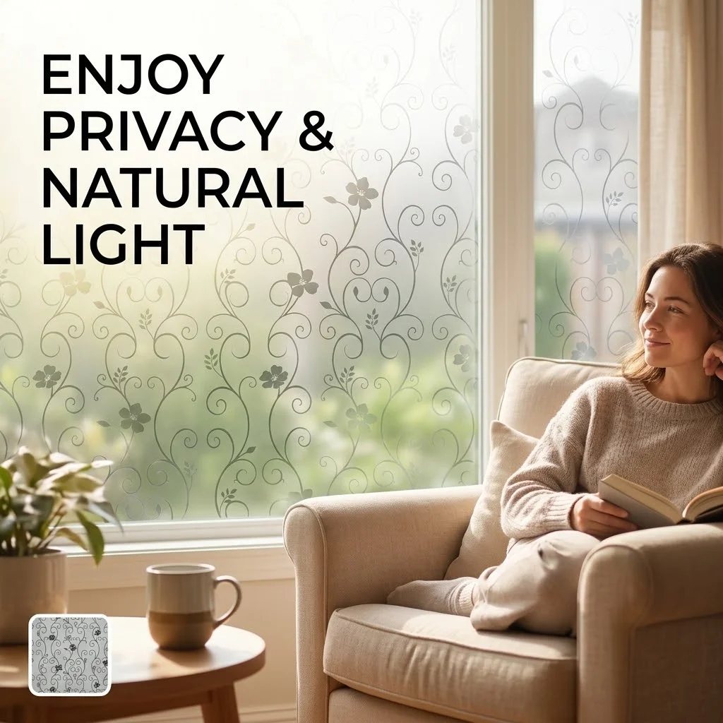 Elegant Scroll Flower Self‑Adhesive Window Film, Opaque Anti‑Peep Glass Cover Removable Decor Sticker for Shower Door Apartment