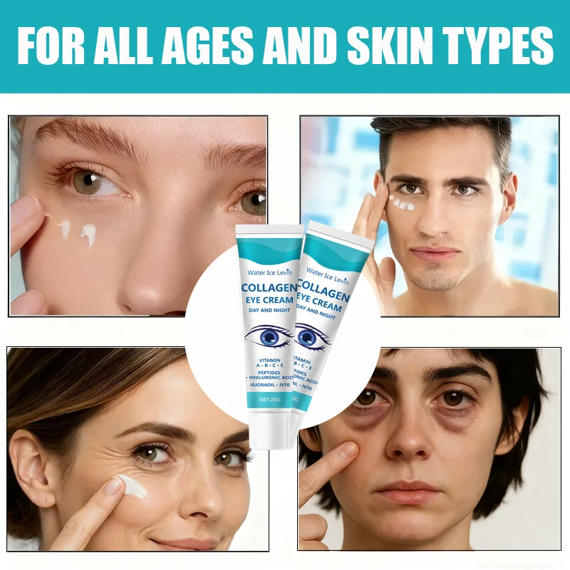Collagen Eye Cream. Day Night Formula. All Ages Skin Types. Firms Hydrates Delicate Skin. Reduces Fine Lines Wrinkles.