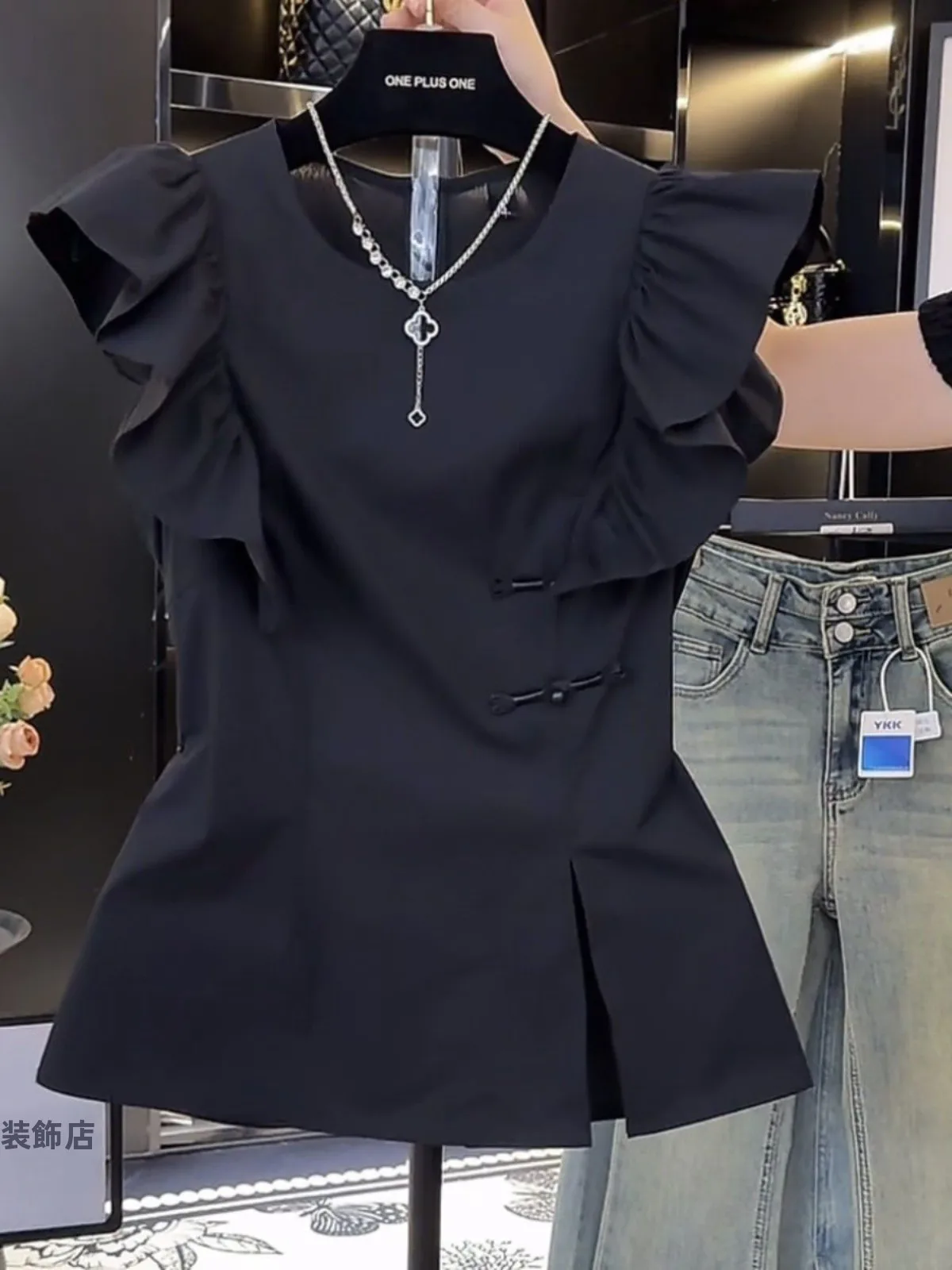 

New Chinese Sle irt with Flng Sves ort Sve Patchwork Lace Trim Button Front Casual Slim Fit Polyester Fiber