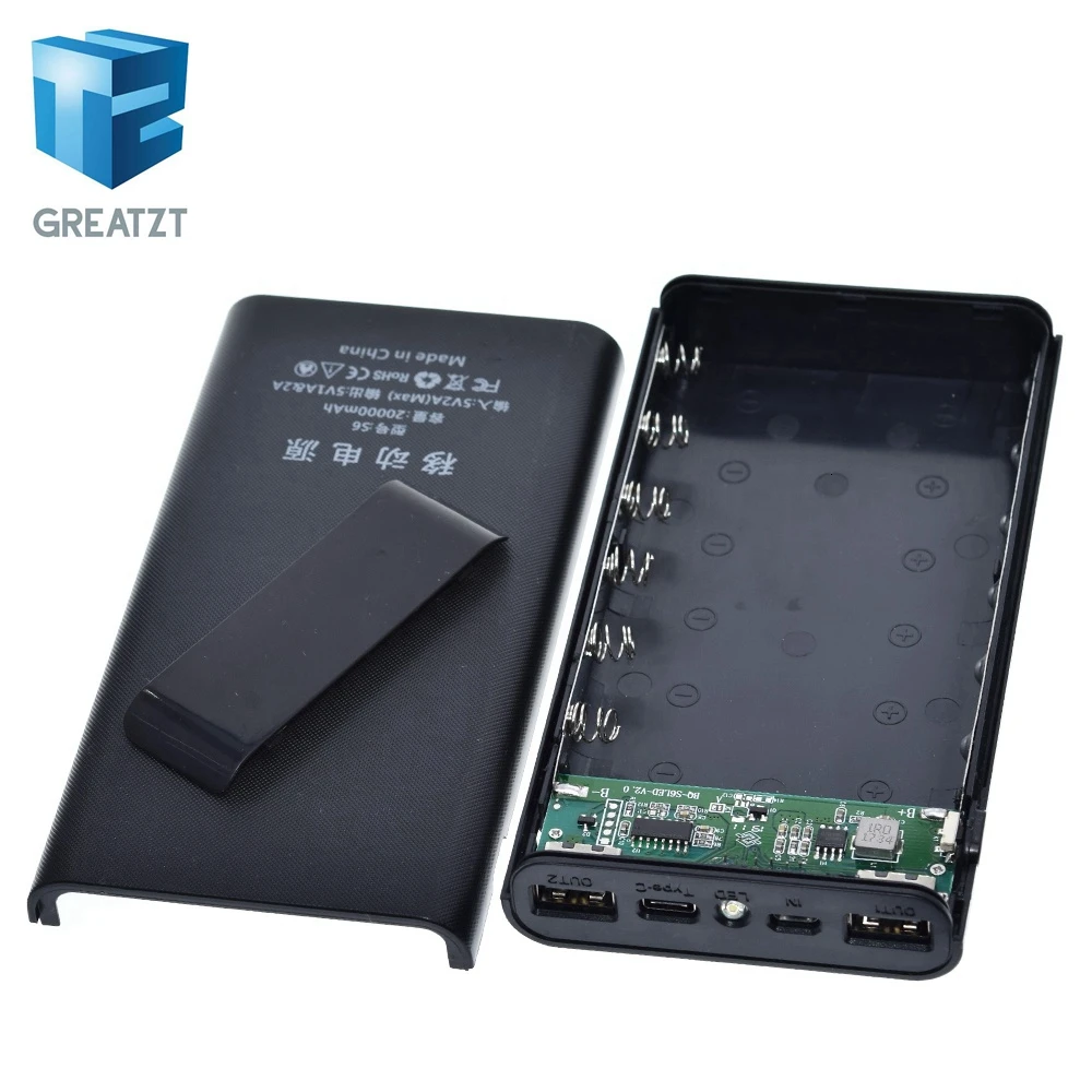 GREATZT Portable 5V 6x18650 Power Bank Battery Box Shell Case DIY Type-C Micro USB Fast Charging Mobile Phone Charger Box Case