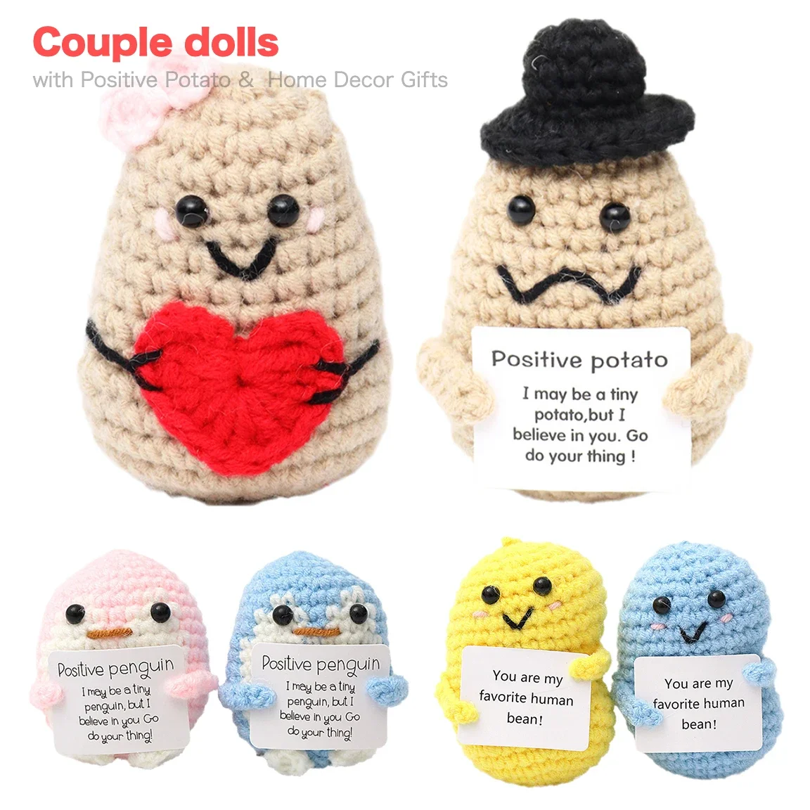 

Funny Positive Potato Pea Penguin Couples Handmade Knitting Mini Plush Dolls Toy Pocket Hug for Inspirational Home Party Decor