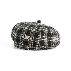 Beret Kobiety Zima Jesień Vintage Plaid Biały Czarny Moda Vintage Kapelusze Dla Kobiet Malarz Czapka Kobieta Nowy Elegancki Modny