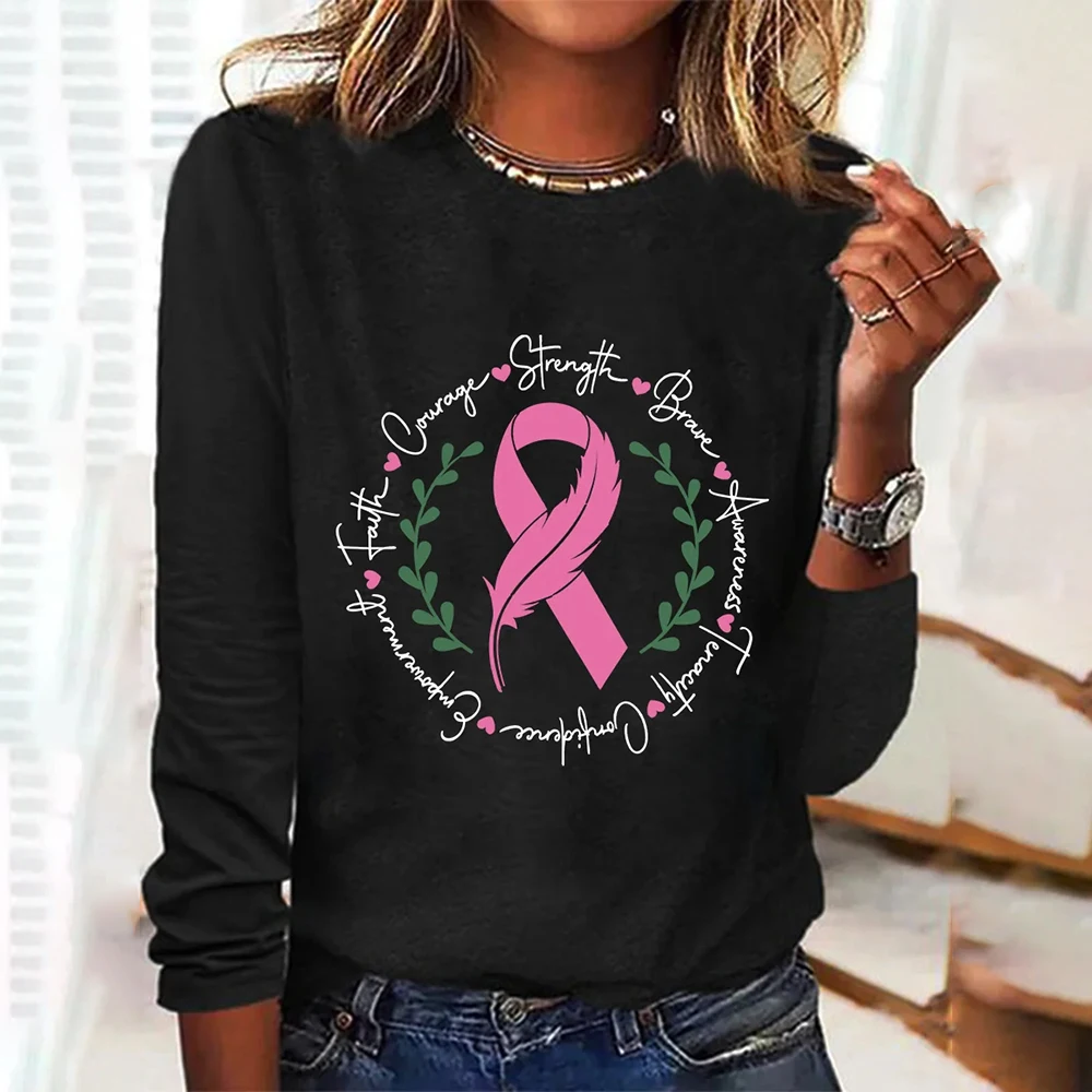 Fall Cotton Long Sleeves T shirt Pink Ribbon Letter Pattern Women's T-shirts Casual Loose O-neck Women Clothing Streetwear Tops