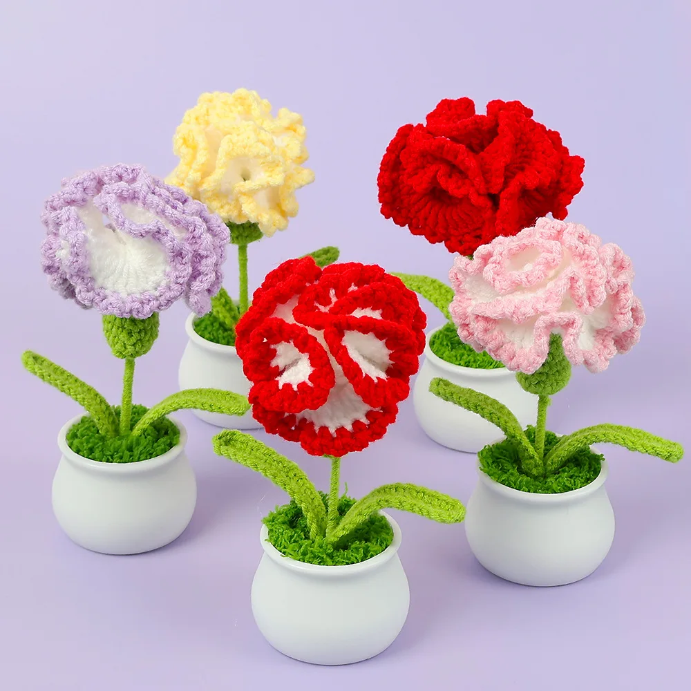 الكروشيه الورود عباد الشمس القرنفل بوعاء النباتات المحشوة الانتهاء المنسوجة باقة الأم عيد الحب هدايا التخرج