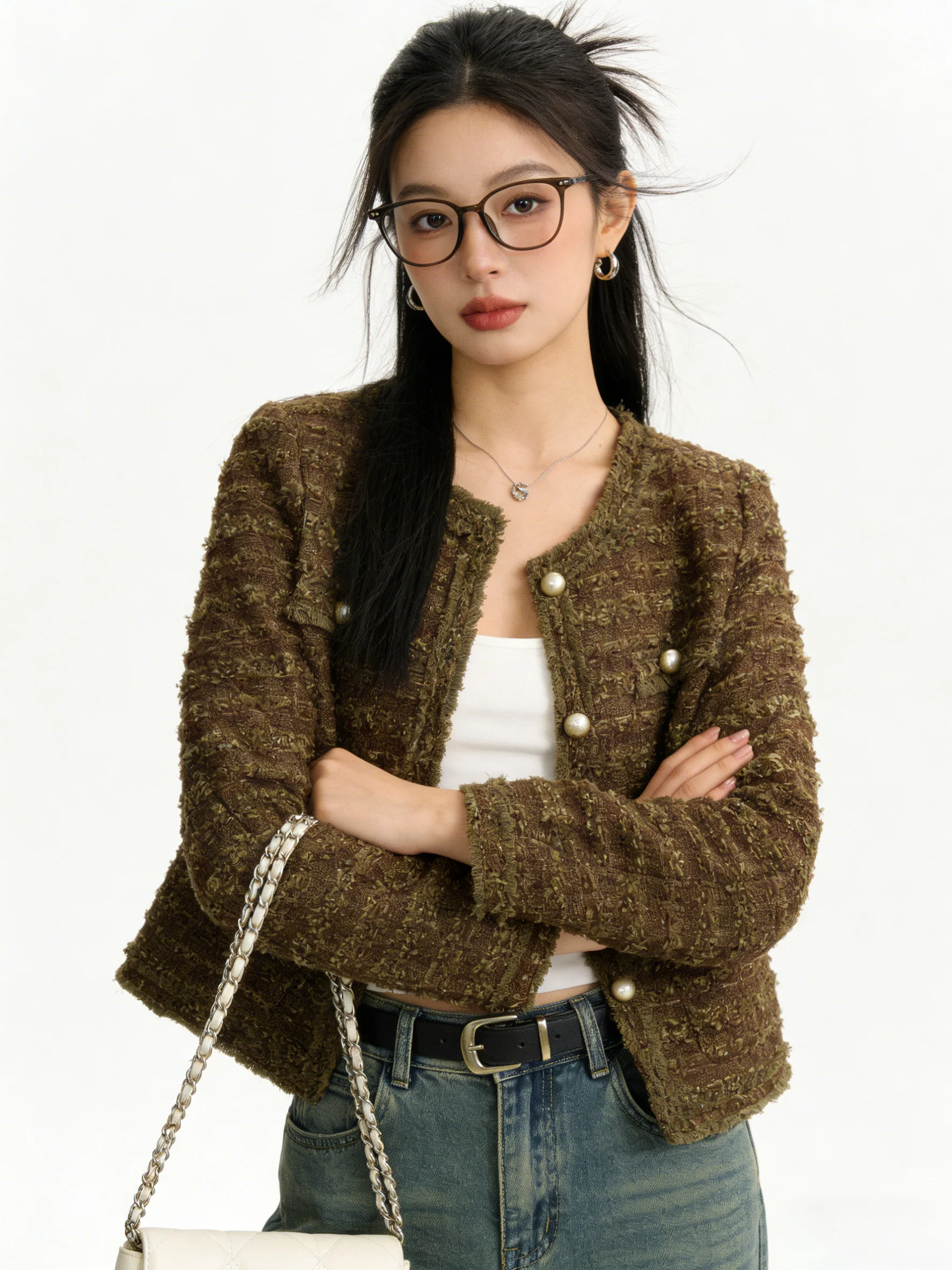 

Elegant Retro Short Tweed Jacket Women's Spring 2026 round Neck Button up Top Breathable Long Sleeve Color Casual Wear