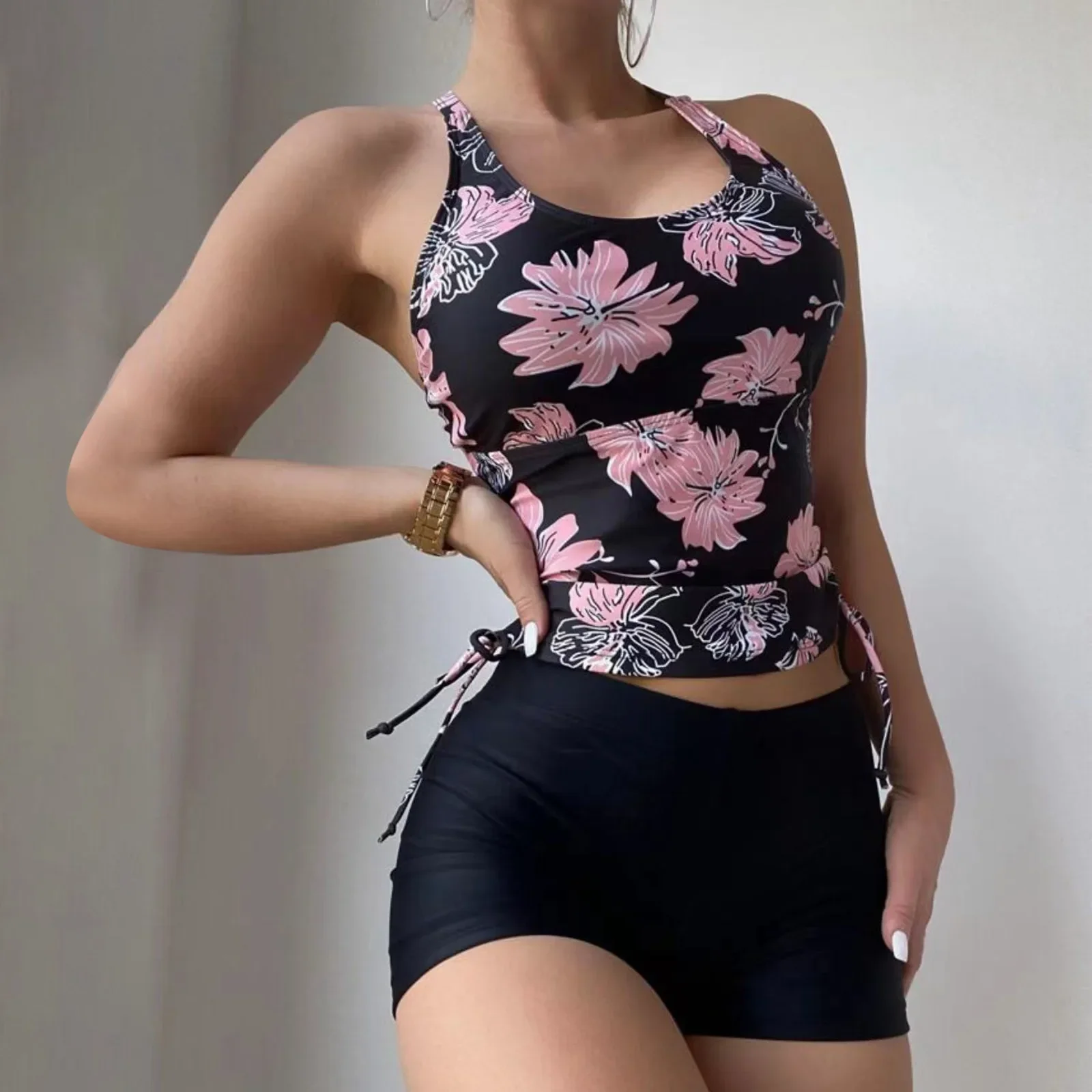 Summer Print Bikini Halter Drawstring Adjustable Shoulder Strap Separate Two-Piece Bikini Suits Tight Shorts Crew Neck Swimsuit