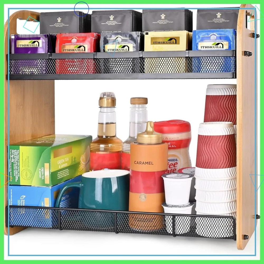 

Large Capacity Bamboo Tea Bag Organizer with Adjustable Compartments, Wall Mount or Desktop Storage for Home Kitchen Office
