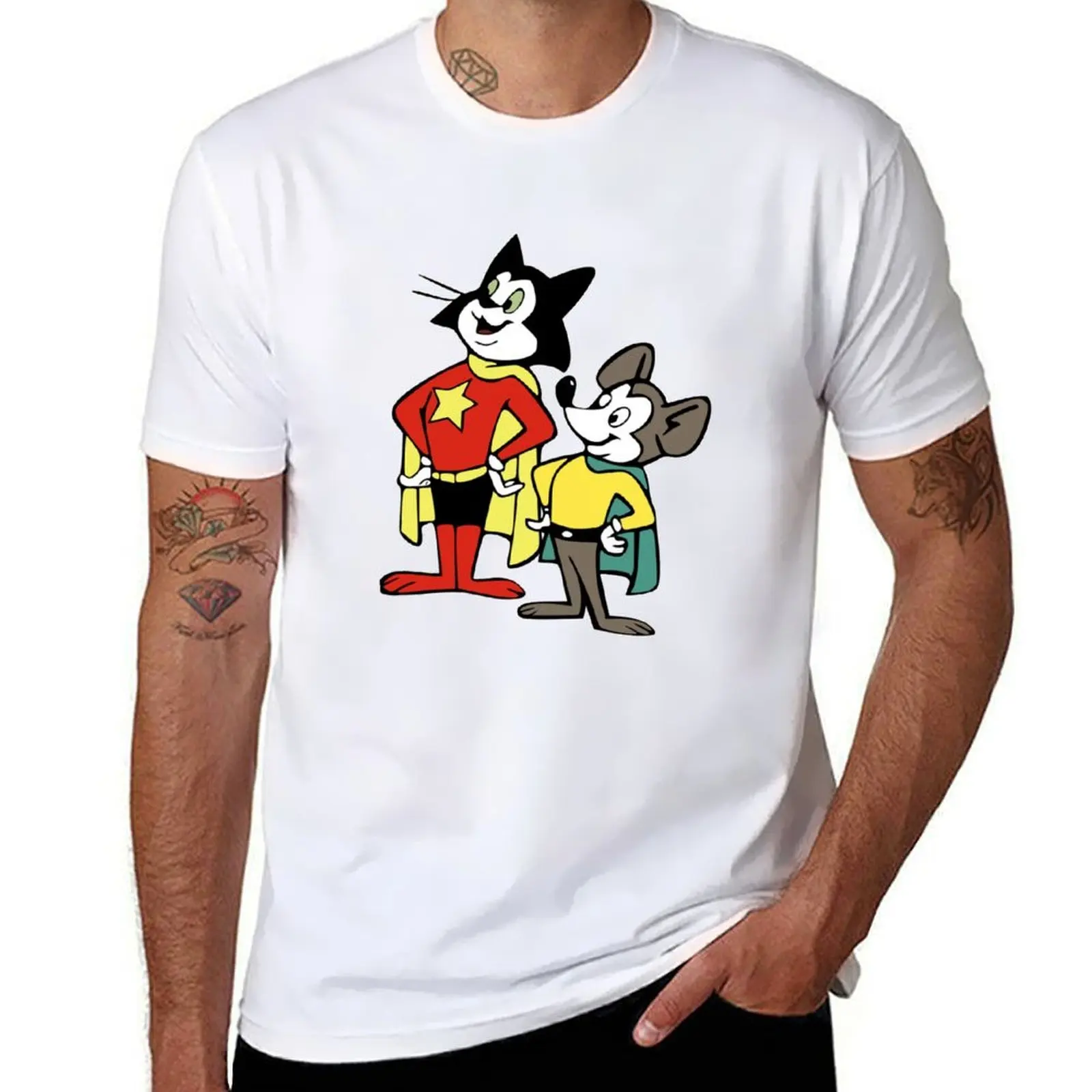

Anime Courageous cat with Minute Mouse T-Shirt men t shirt cotton 100% t shirt man luxury T-Shirt
