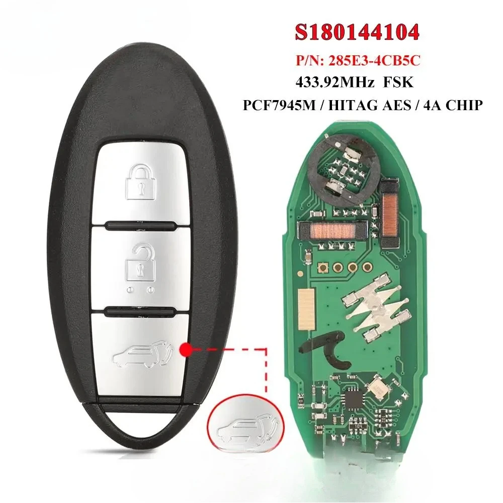 

Smart 3 Buttons Remote Car key 433MHz 4A For Nissan X-Trail Xtrail Qashqai 2014-2017 PCF7945M Keyless Go