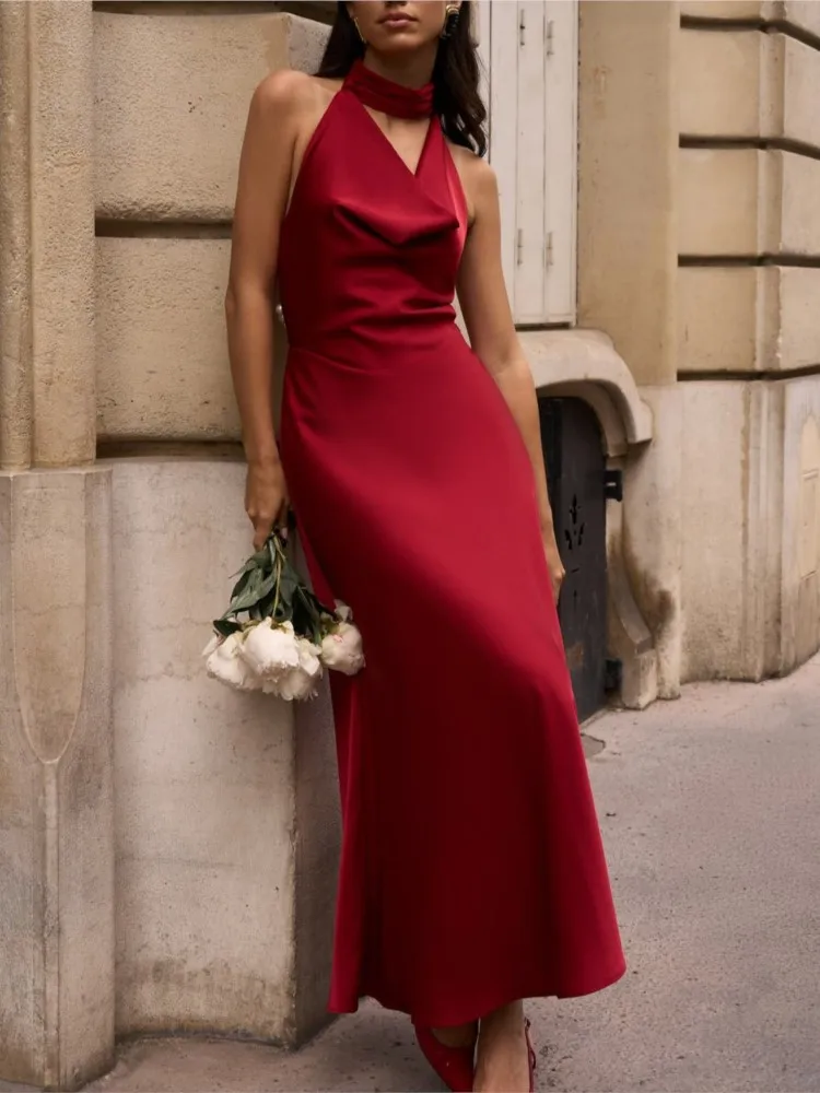 

Women's Sexy V-neck Temperament Halter Dress Summer New Slim Long Dress Backless Solid Color Vestidos Elegant Beachwear Elegant