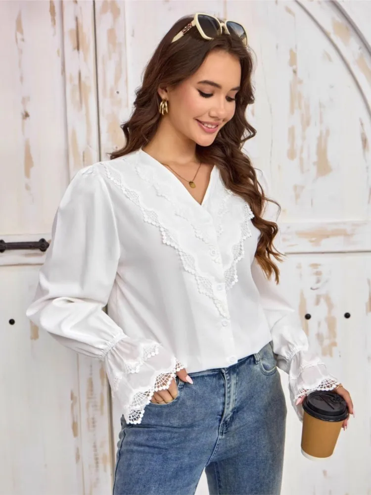 

White Shirt Women 2025 Spring Autumn Fashion Elegant Casual V Neck Long Sleeve Womens Tops And Blouses Women Clothes