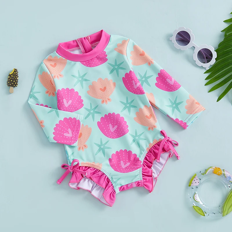 Toddler Girls Rash Guard Swimsuit Rompers Long Sleeve Shell Print Baby Ruffles Bathing Suit Swimwear