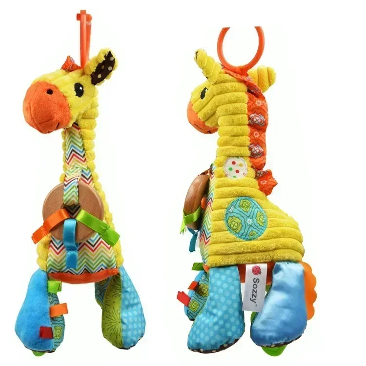 

100% safe material baby multifunctional giraffe plush doll pull bell perfect bed hanging soothing educational teething toy