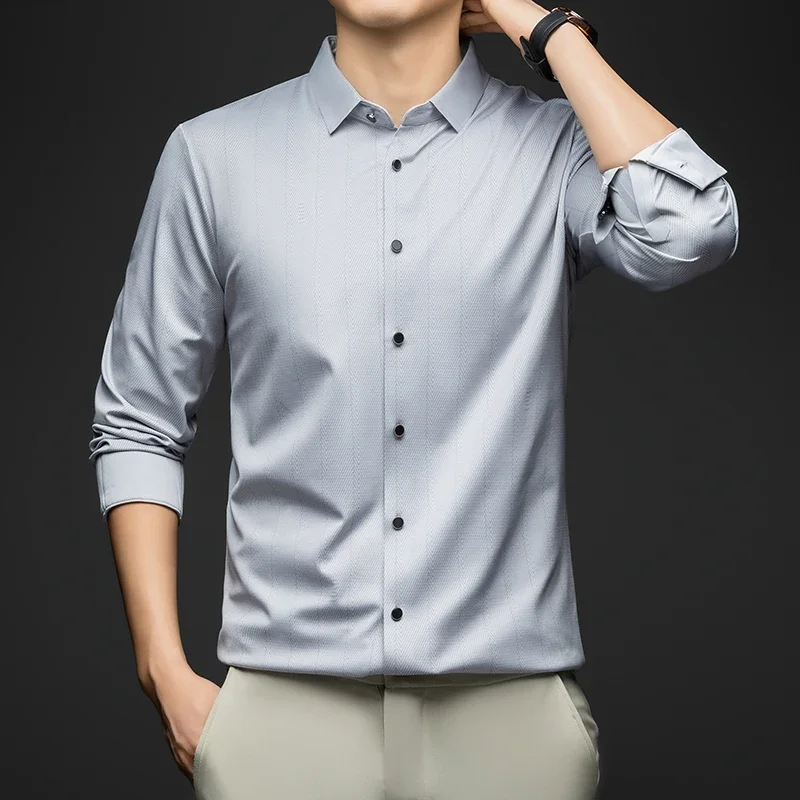 

BROWON 2025 весенне-осенние мужские классические рубашки с длинным рукавом из мягкого гладкого шелка, мужская официальная рубашка с принтом, рубашка больших размеров для мужчин