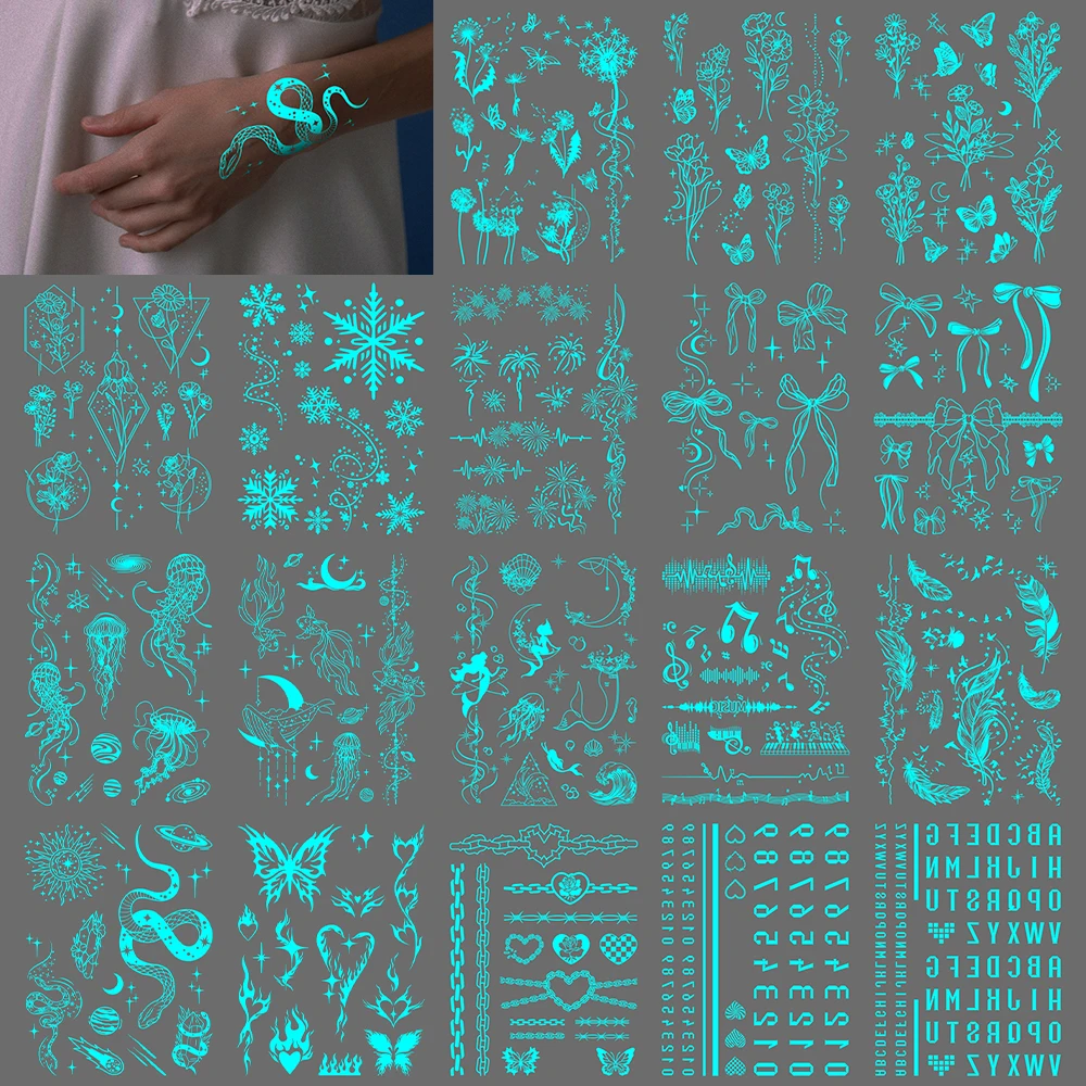 White Snake Flower Luminous Temporary Waterproof Tattoo Sticker Wedding Arm Body Art Fake Tattoos Women Festival Makeup Products