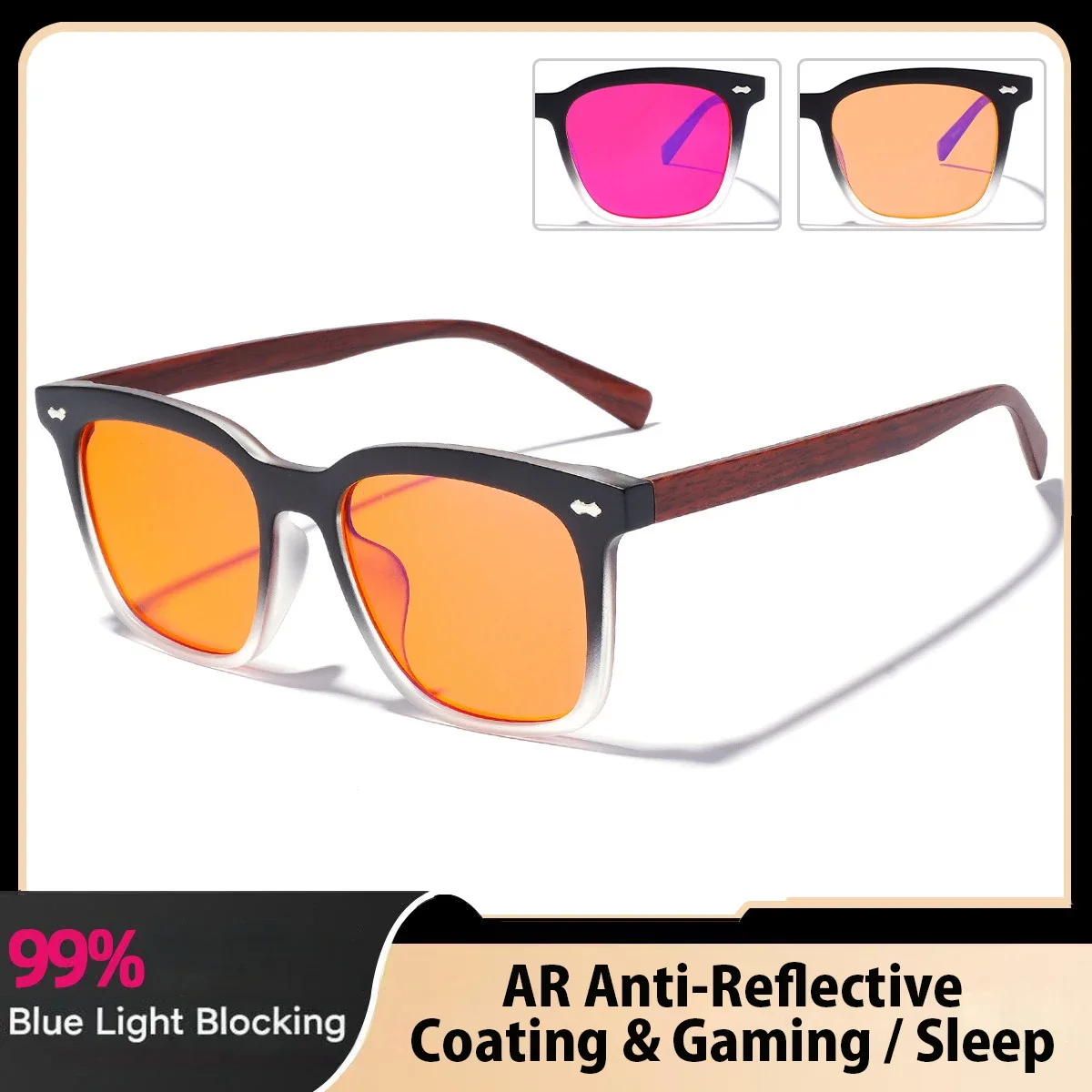 99% Blue Light Blocking Glasses,Cross-Border New Arrival, Gaming Retro Wood-Grain Temple Square Frame, TR90 Eyewear