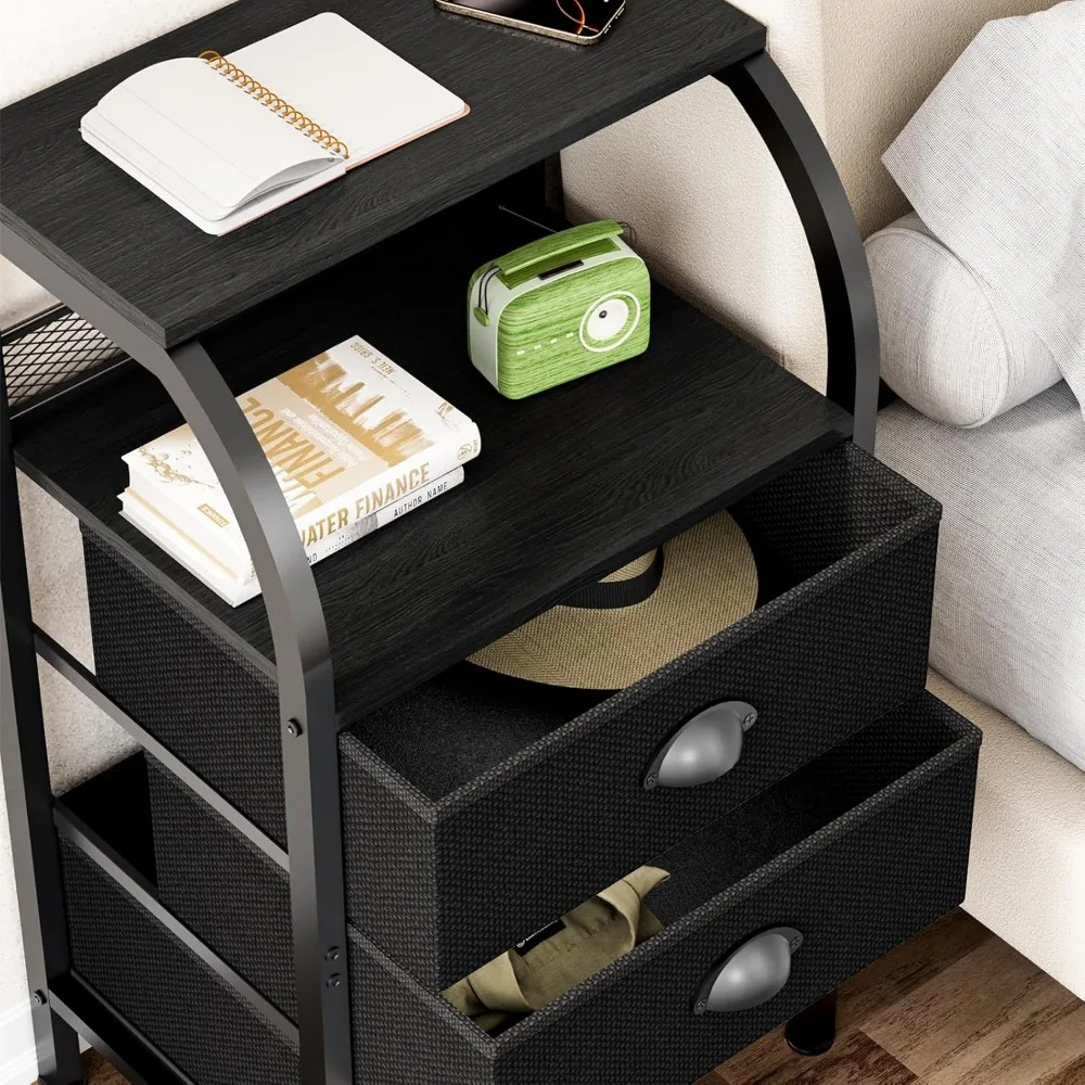 منضدة معاصرة سوداء ذات 3 أدراج مع أرفف مفتوحة للتخزين بجانب السرير #4