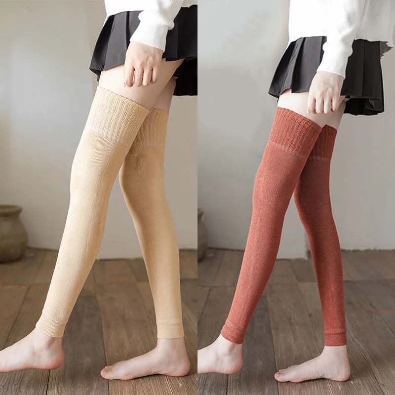 ฤดูหนาวถักผ้าขนสัตว์ Warm Leggings สีทึบความร้อน Warm ถุงเท้ายาวผู้หญิงขาอุ่นผ้ารัดเข่ายาวกว่าถุงเท้าระดับเข่า