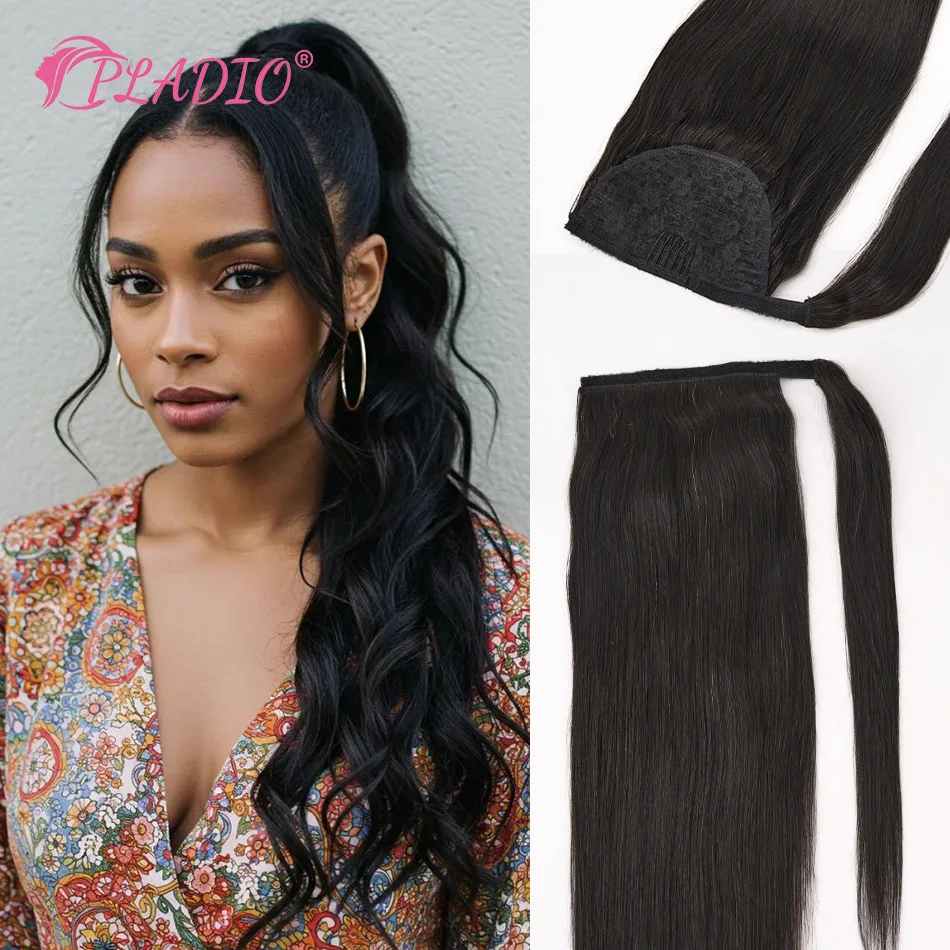 

PLADIO длинный прямой хвостик на заколке для наращивания волос 100% человеческие волосы шиньон натуральный черный хвост для женщин 120 г