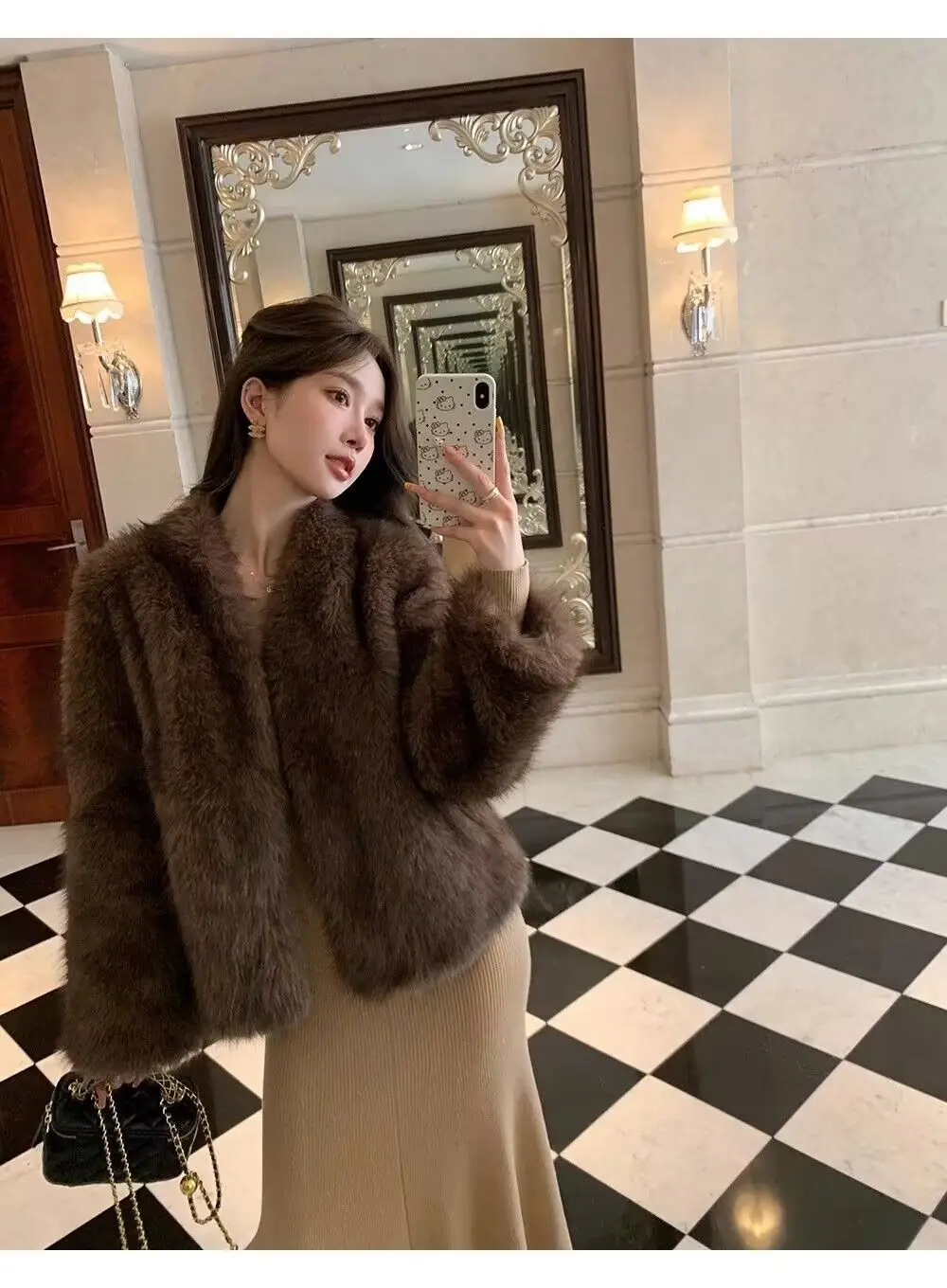 인조 모피 여성 코트, 여성용 가을 코트, 빈티지 스타일, 순수하고 흐르는 듯한 우아함, 미니멀리즘, 혼합된 부드러운 소매, 내추럴 오피스 스타일, 슬림 핏