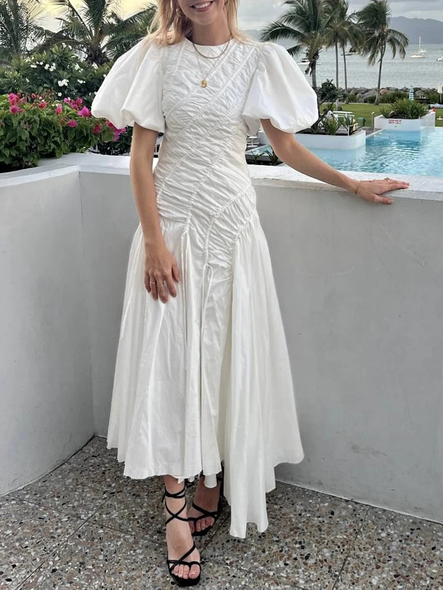 VGH Solid Spliced Drawstring Folds Designer Maxi Dress for Women O Neck Puff Sleeve High Waist Elegant Party Dresses Female New - Image 2