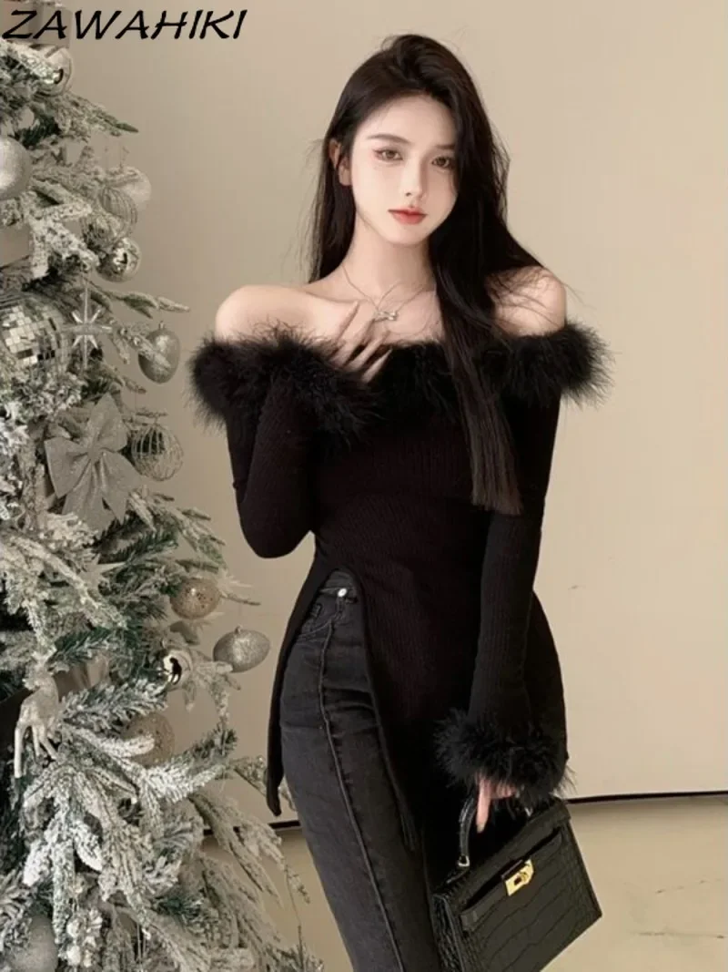 T-shirt for Women Slash Neck Solid Color Elegant Temperament Slim Chic Top Y2K Designed Slit Long Sleeve Fall Faux Fur All Match