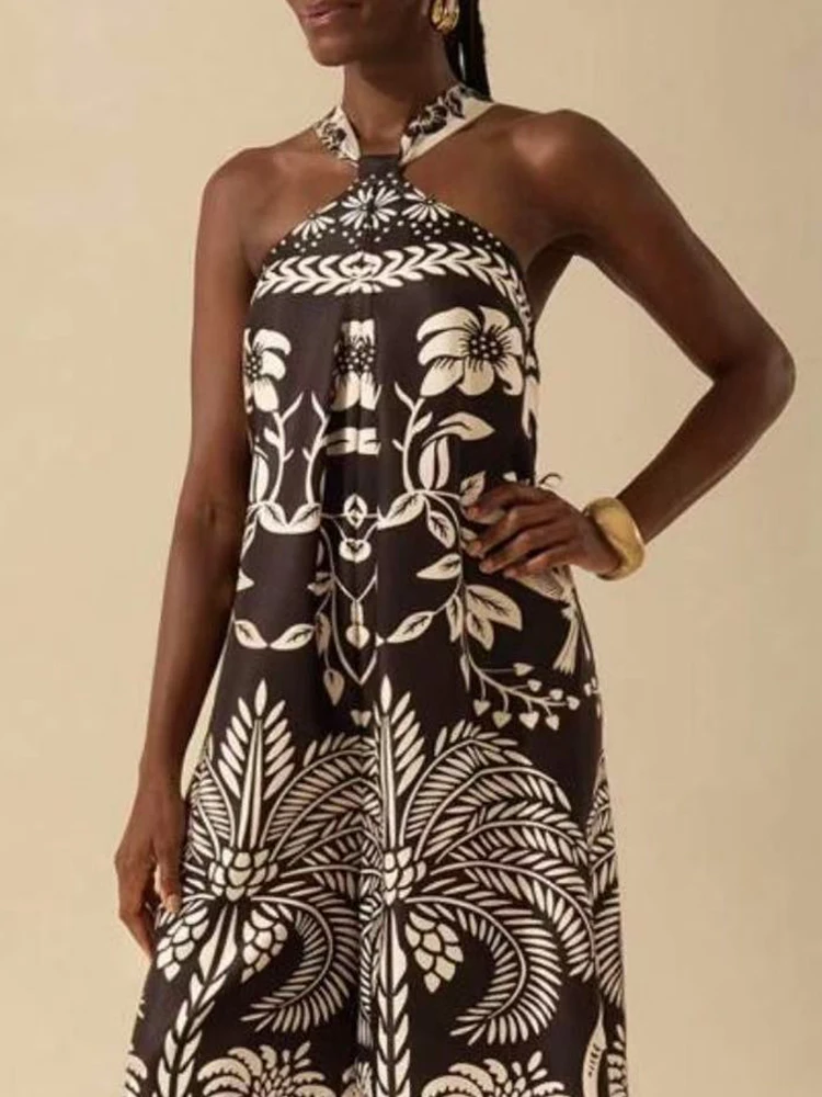 

Сексуальный женский летний комбинезон на бретельках с лямкой на шее, модный комбинезон с открытыми плечами и принтом, женский элегантный свободный комбинезон с широкими штанинами