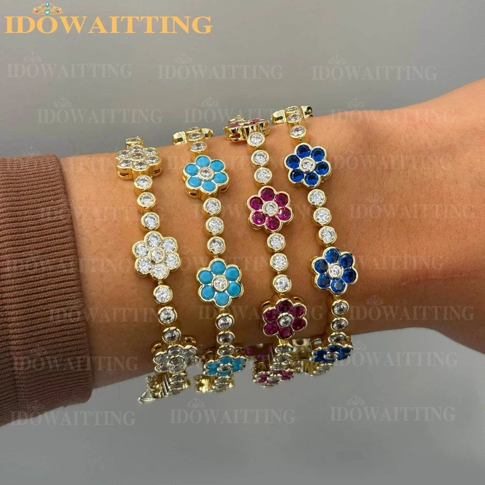 Rainbow Multi Color Crystal Flower Charm Bracelet Gold Color Plated Sparkling CZ Colorful Tennis Chain Bracelet Women Jewelry