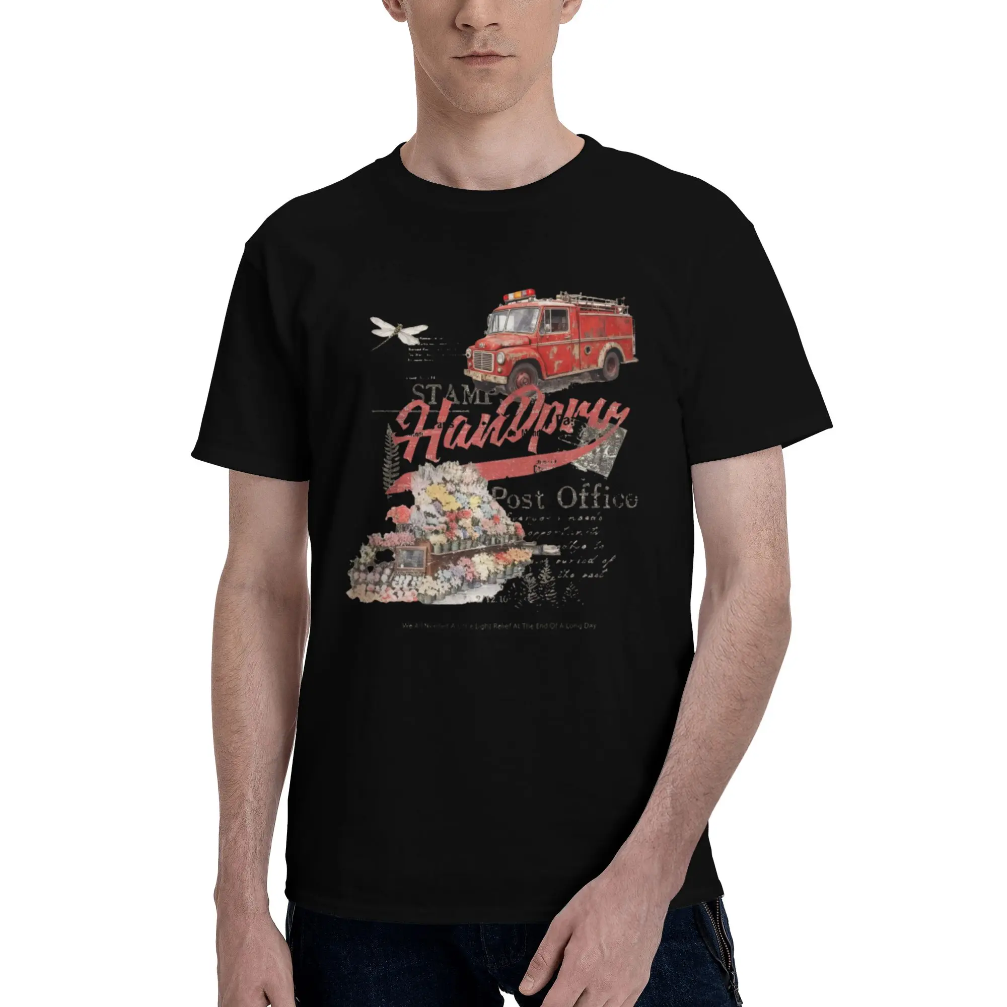 Vintage Fire Truck Floral Post Office Collage Men T Shirt Casual Tee Short Sleeve Round Neck 100% Cotton Graphic Printed Tops