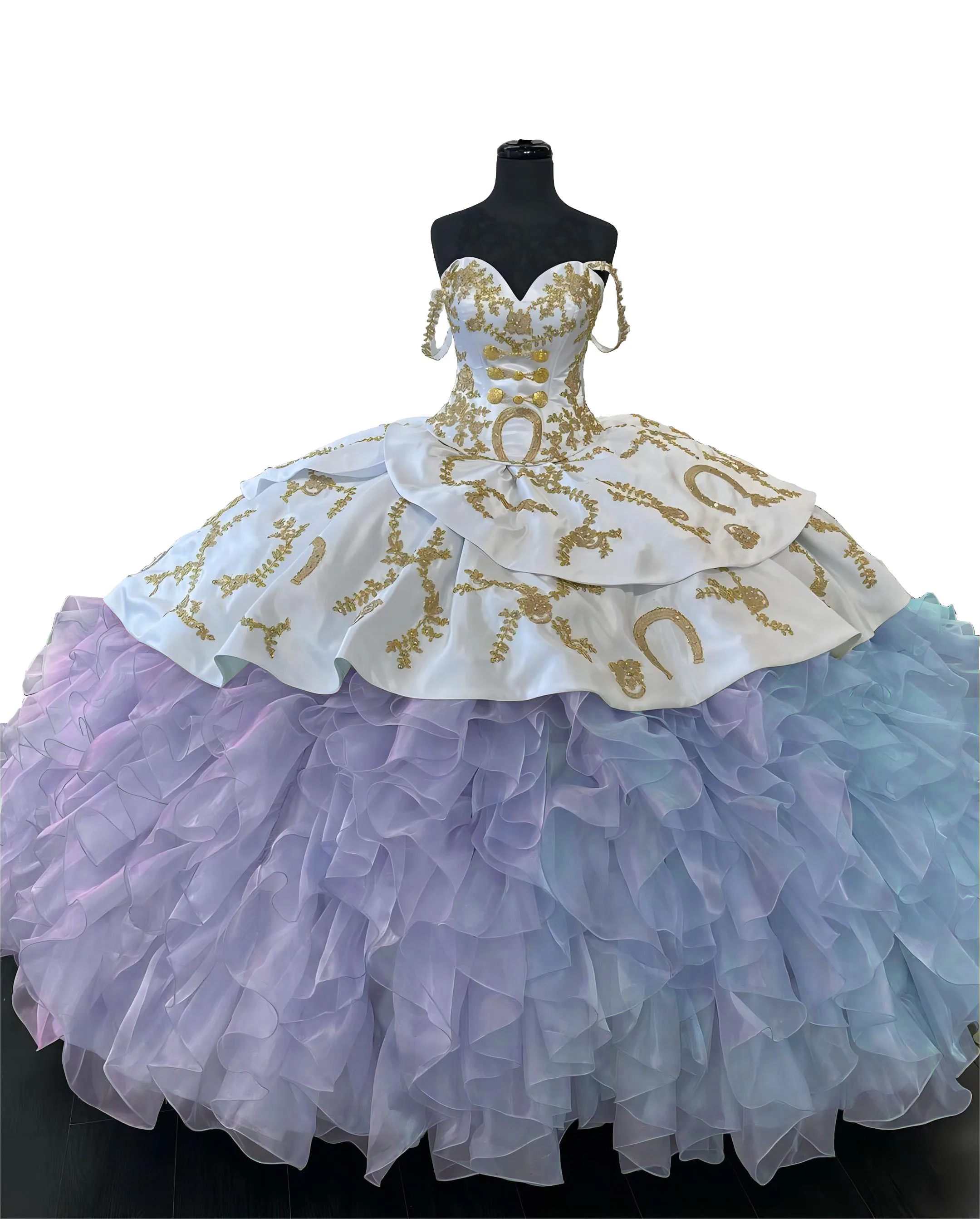 Charro Style White and Sage Ruffles Puffy Quinceanera Dress Sweetheart Neckline Straps With Gold Embroidery Sweet 16 Ball Gown