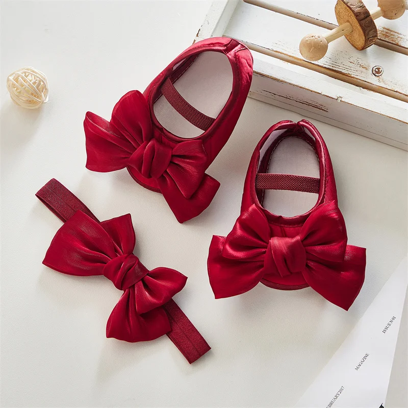 Baby Girls Baptism Shoes and Headband Sets Bog Bowknot Flats Infant Crib Shoes Newborn Casual Princess Shoes