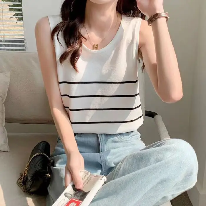 

Striped Vest Women's Classic Versatile Bottom Ice Silk Knit Camisole Women's Outerwear Loose Top Women Tank Top
