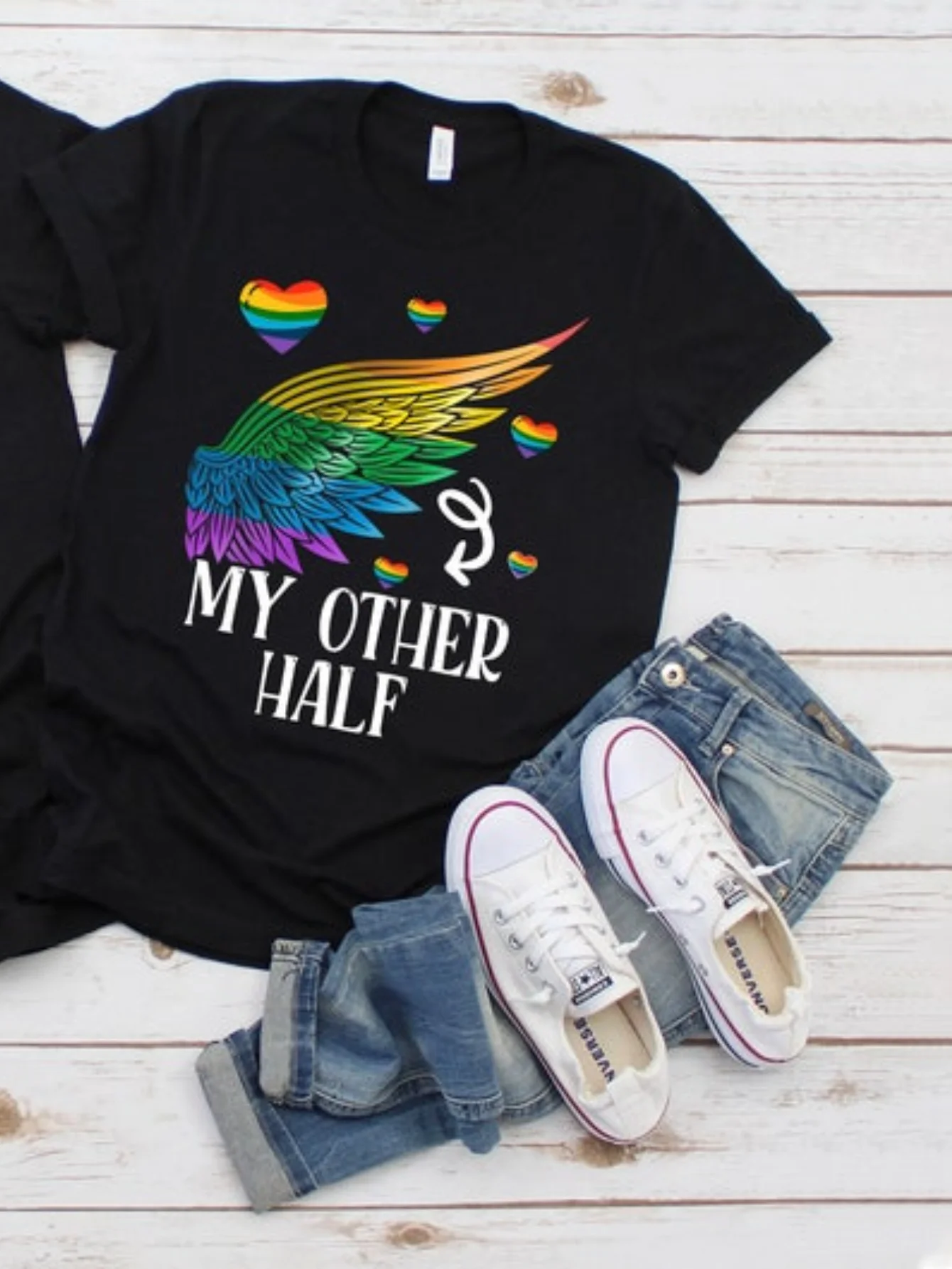 2026 Matching LGBTQ Pride T-Shirts for Couples - 'My Other Half' Rainbow Wings Design | Soft Cotton, Casual Crew Neck, Short Sle