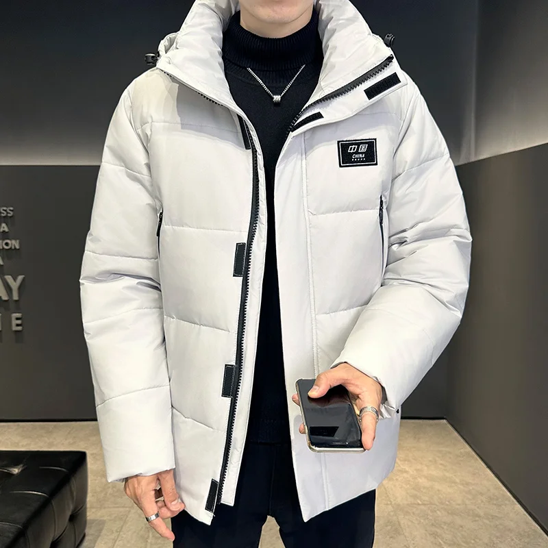 Men's Winter Solid Color White Duck Down Down Jacket, Winter New Windproof and Warm Fashionable and Trendy Casual Hooded Jacket
