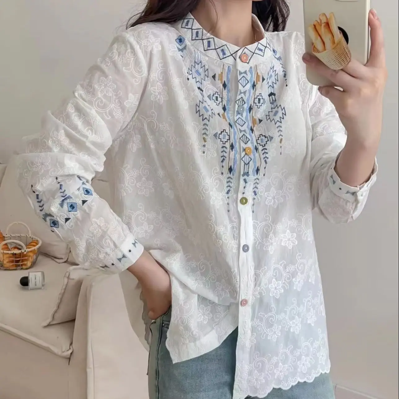 Chemisier de style ethnique bohème pour femmes, chemises brodées rétro à manches longues, haut de chemise de vacances en coton, vêtements Boho