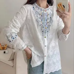 Women's Bohemian Blouse Ethnic Style Retro Embroidered Long Sleeve Shirts Cotton Vacation Shirt Top Boho Clothing