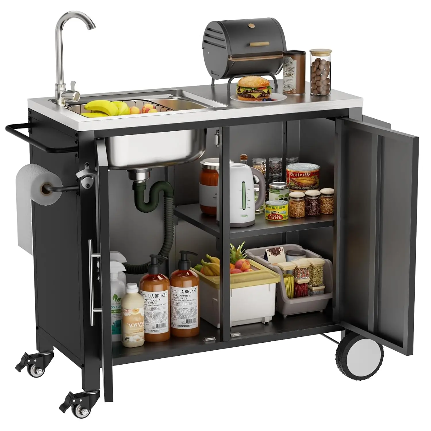 Grill Cart with 304 Stainless Steel Sink, Movable Kitchen Island, Outdoor Cart Sink Station with Wheels, 38in x 18in x 35in