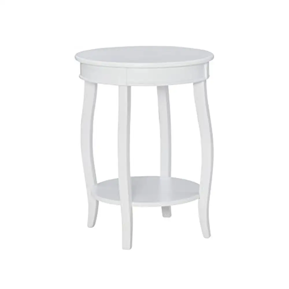 

Round Shelf End Table White Finish 18"x18"x22" Tall Bentwood Skirt Saber Cabriolet Legs Ample Storage Space 15lb Weight Limit