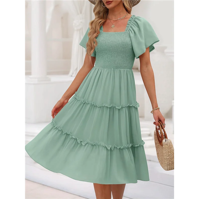 AOAO-Women's Summer Casual Flutter Sleeve Square Neck Smocked Midi Dress
